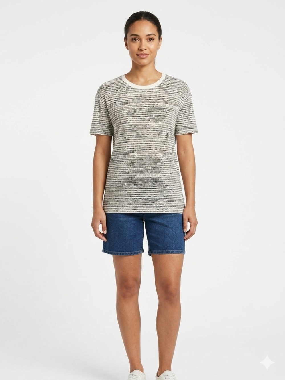 Striped Knit Short Sleeve Top in Cream and Black Up To Size XXXL